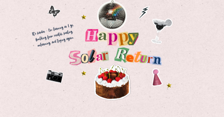 Colorful collage celebrating a solar return with cake, disco ball, stars, and happy birthday style text