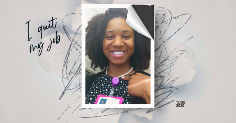 Woman smiling in work badge photo with text reading I quit my job after leaving a long-term career