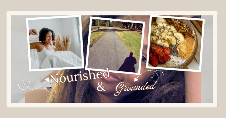 Collage image representing self-care with morning routine, outdoor walk, and nourishing breakfast