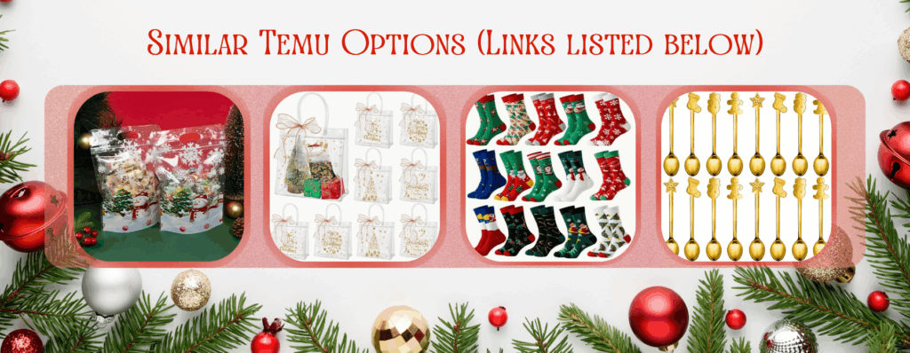 Collage of similar Temu options, including Christmas treat bags, clear gift bags with gold designs, assorted Christmas socks, and gold holiday coffee spoons.