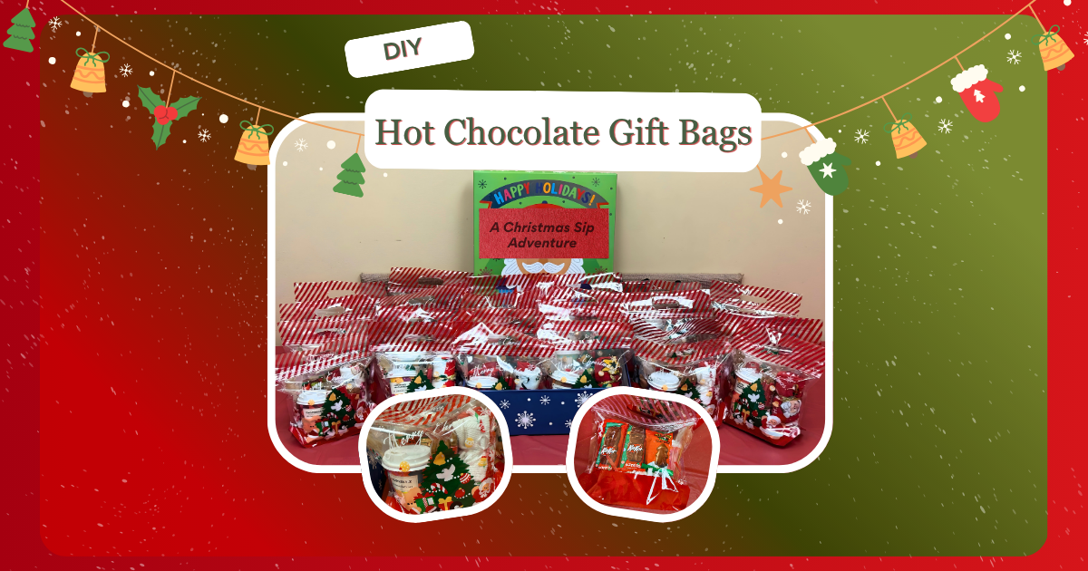 DIY hot chocolate gift bags for Christmas with festive treat bags and candy gift ideas