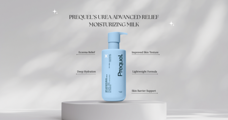 Prequel Urea Advanced Relief Moisturizing Milk with highlighted benefits including eczema relief, deep hydration, improved skin texture, and skin barrier support.