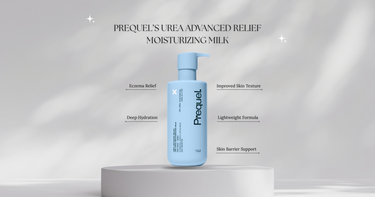Prequel Urea Advanced Relief Moisturizing Milk with highlighted benefits including eczema relief, deep hydration, improved skin texture, and skin barrier support.