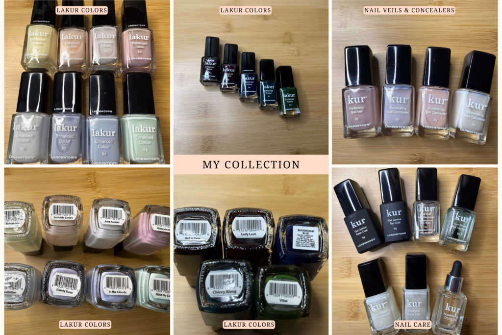 Collection of Londontown nail products including Lakur nail polishes, Nail Veils, Concealers, and nail care treatments featured in this review.