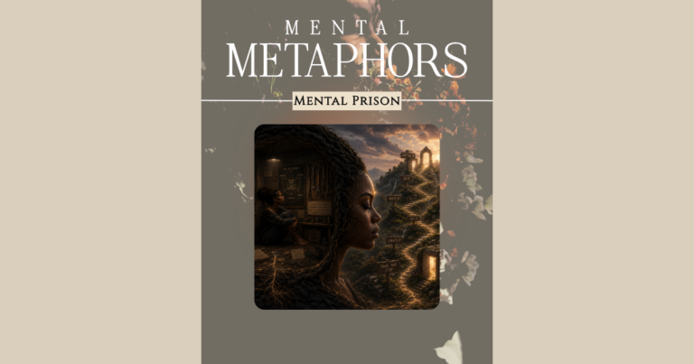 Featured image for the Mental Metaphors series titled Mind Prison. The design features a symbolic illustration of a woman trapped within her own mind, surrounded by plans, tools, and ideas while looking toward a world of opportunities beyond self-imposed mental and emotional barriers.