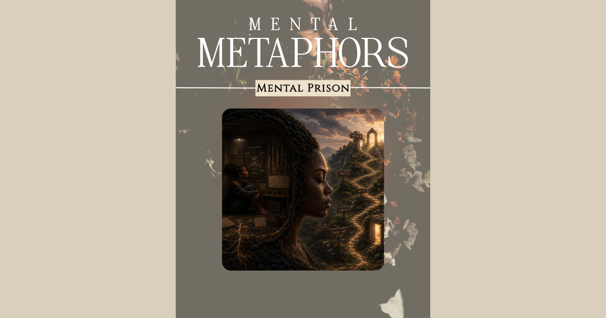 Featured image for the Mental Metaphors series titled Mind Prison. The design features a symbolic illustration of a woman trapped within her own mind, surrounded by plans, tools, and ideas while looking toward a world of opportunities beyond self-imposed mental and emotional barriers.