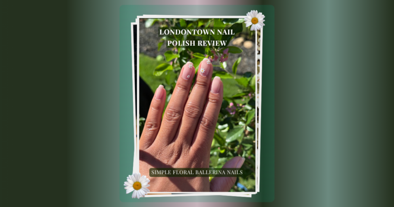 Hand showing simple floral ballerina nails created with Londontown Nail Veil #4 and daisy nail stickers for a Londontown nail polish review.