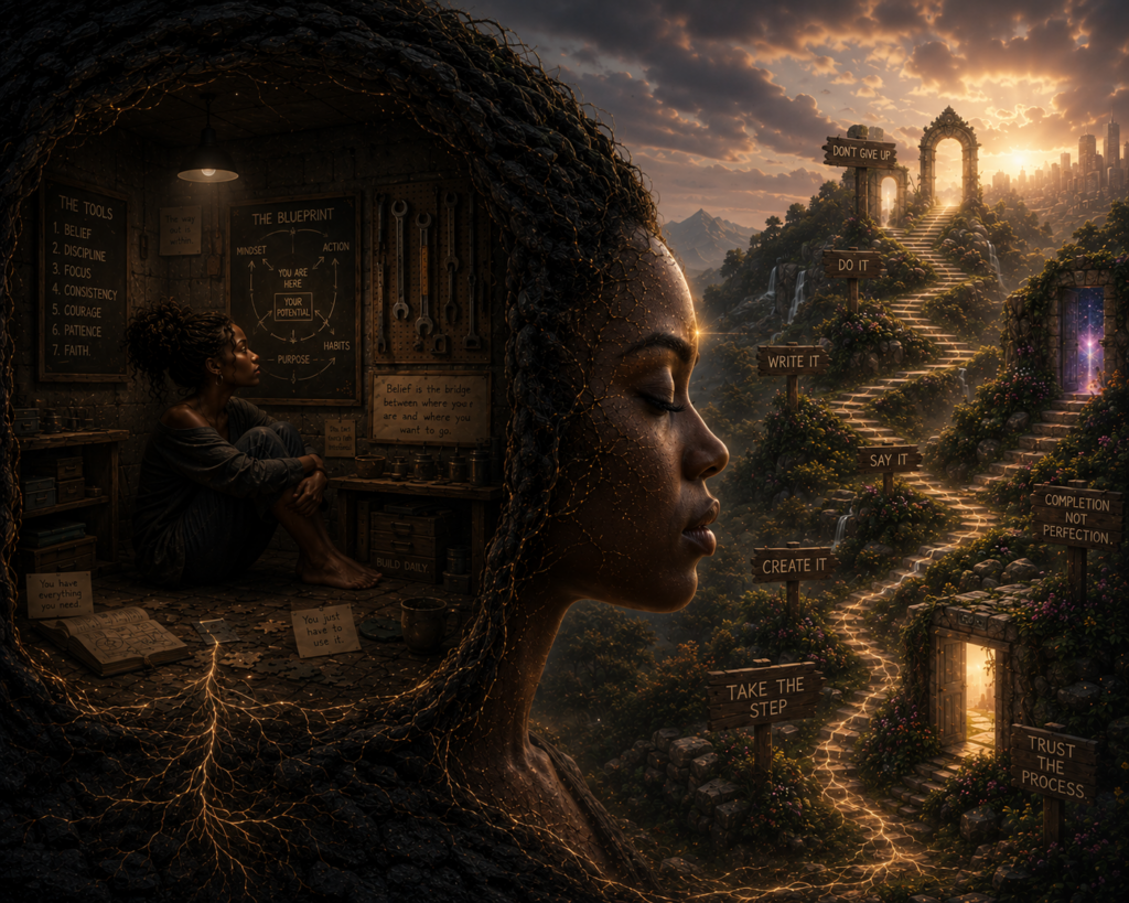 Conceptual digital artwork depicting a woman trapped in a mental prison, surrounded by plans, blueprints, and ideas while looking toward a colorful world of opportunities beyond the walls. The image symbolizes self-doubt, overplanning, limiting beliefs, and the struggle to move forward despite preparation.