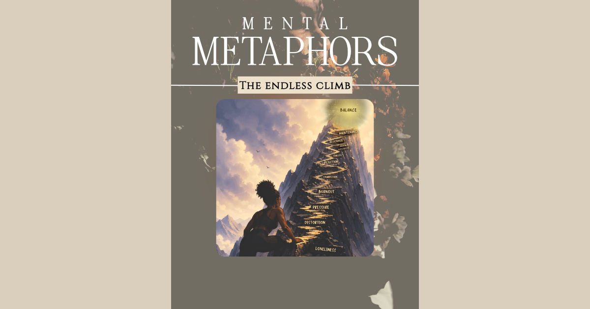 Woman climbing a steep mountain staircase labeled with fear, self-doubt, overthinking, burnout, and rejection while reaching toward balance at the summit